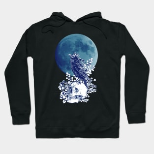 Blue raven and moon with skull and crow, skeleton eucaliptus leaves Hoodie